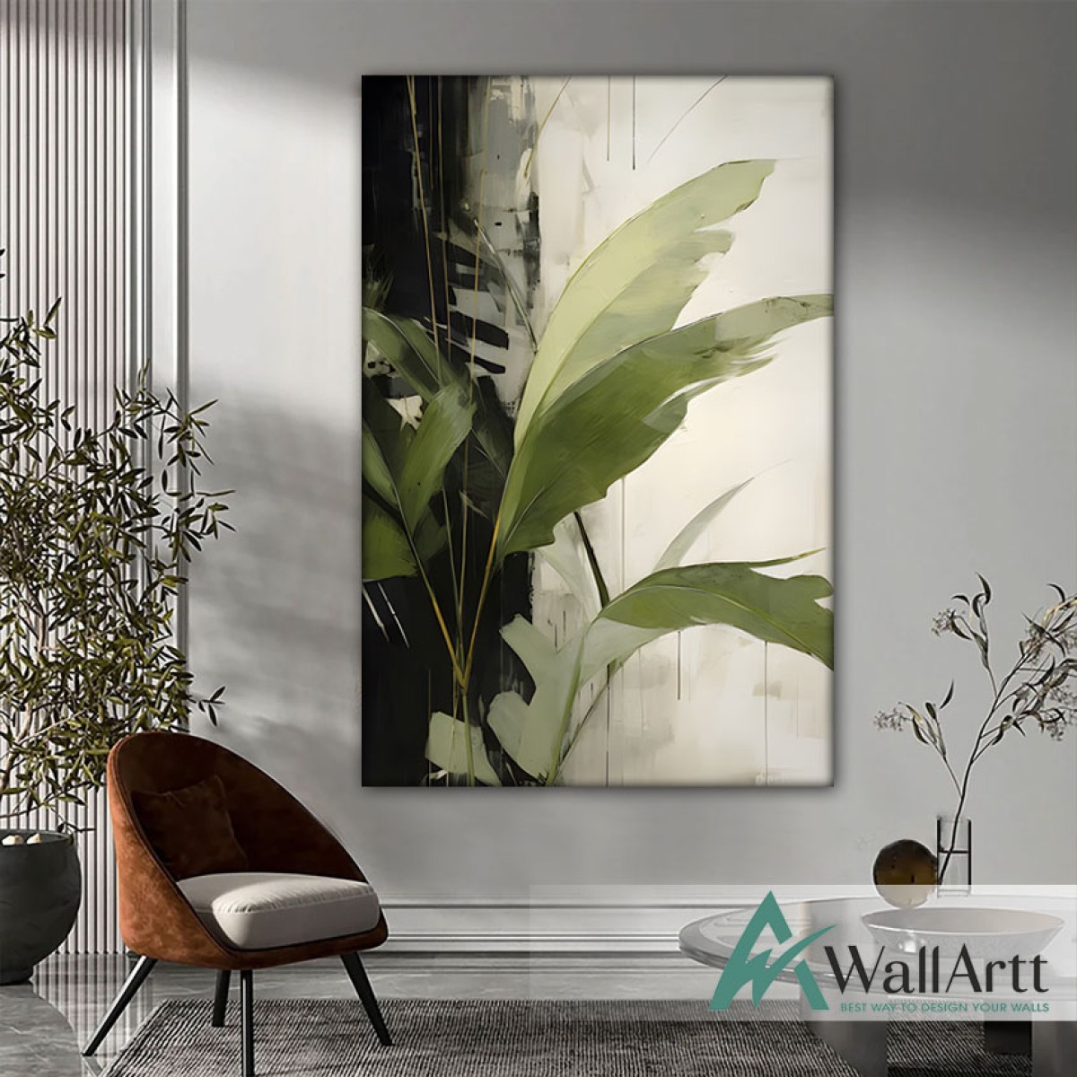 Green Leaves Textured Partial Oil Painting - Wall Art